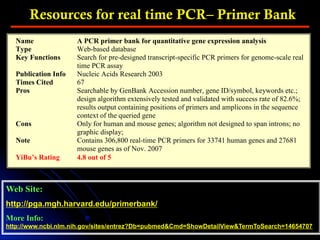 Resources for real time PCR– Primer Bank
Web Site:
http://pga.mgh.harvard.edu/primerbank/
More Info:
http://www.ncbi.nlm.nih.gov/sites/entrez?Db=pubmed&Cmd=ShowDetailView&TermToSearch=14654707
Name A PCR primer bank for quantitative gene expression analysis
Type Web-based database
Key Functions Search for pre-designed transcript-specific PCR primers for genome-scale real
time PCR assay
Publication Info Nucleic Acids Research 2003
Times Cited 67
Pros Searchable by GenBank Accession number, gene ID/symbol, keywords etc.;
design algorithm extensively tested and validated with success rate of 82.6%;
results output containing positions of primers and amplicons in the sequence
context of the queried gene
Cons Only for human and mouse genes; algorithm not designed to span introns; no
graphic display;
Note Contains 306,800 real-time PCR primers for 33741 human genes and 27681
mouse genes as of Nov. 2007
YiBu’s Rating 4.8 out of 5
 