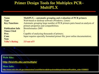 Primer Design Tools for Multiplex PCR–
MultiPLX
Web Site:
http://bioinfo.ebc.ee/multiplx/
More Info:
http://www.ncbi.nlm.nih.gov/sites/entrez?cmd=Retrieve&db=pubmed&dopt=AbstractPlus&list_uids=15598831
Name MultiPLX -- automatic grouping and evaluation of PCR primers
Type Web-based or desktop software (Windows, Linux)
Key Functions Automatic grouping large number of PCR primers pairs based on analysis of
primers properties and compatibilities.
Publication Info Bioinformatics 2005
Times Cited 2
Pros Capable of analyzing thousands of primers;
Cons Input requires specially formatted primer file; poor online documentation;
Note
YiBu’s Rating 3.5 out of 5
 