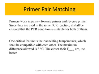 Primer Pair Matching
Primers work in pairs – forward primer and reverse primer.
Since they are used in the same PCR reaction, it shall be
ensured that the PCR condition is suitable for both of them.
One critical feature is their annealing temperatures, which
shall be compatible with each other. The maximum
difference allowed is 3 C. The closer their Tanneal are, the
better.
KARAN VEER SINGH, ICAR- NBAGR
 