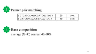 Primer pair matching
Base composition
average (G+C) content 40-60%
11
3
4
 