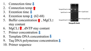 8
1. Connection time
2. Connection temp
3. Extention time
4. Extention temp (62-68)
5. Buffer concentration , MgCL2
stay contant
6. MgCL2 , dNTP stay contant
7. Primer concentration
8. Template DNA concentration
9. Taq DNA polymerase concentration
10. Primer sequence
 