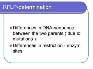 RFLP-determination
 Differences in DNA-sequence
between the two parents ( due to
mutations )
 Differences in restriction - enzym
sites
 