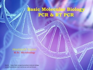 Basic Molecular Biology
PCR & RT PCR
PRASHANT YADAV
M.Sc. Microbiology
Source - https://reach.cdc.gov/course/basic-molecular-biology-
module-4-polymerase-chain-reaction-pcr-and-real-time-pcr
 