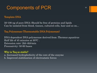 10
Template DNA
50-100 ng of pure DNA; Should be free of proteins and lipids
Can be isolated from blood, tissues, cultured cells, hair and so on...
Taq Polymerase (Thermostable DNA Polymerase)
DNA dependent DNA polymerase derived from Thermus aquaticus
Half life of 45 minutes at 950C .
Extension rate: 2kb-4kb/min
Processivity: 50-60 bases
Why is Taq so stable?
a. Increased hydrophobicity of the core of the enzyme
b. Improved stabilization of electrostatic forces
Components of PCR
 