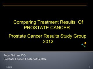 Comparing Treatment Results Of 
PROSTATE CANCER 
Prostate Cancer Results Study Group 
2012 
Peter Grimm, DO 
Prostate Cancer Center of Seattle 
11/04/14 1 
 