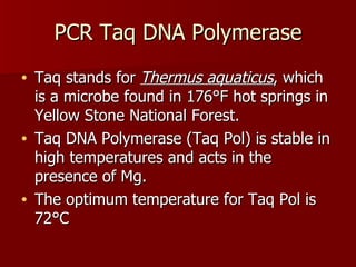 PCR Taq DNA Polymerase Taq stands for  Thermus aquaticus , which is a microbe found in 176°F hot springs in Yellow Stone National Forest. Taq DNA Polymerase (Taq Pol) is stable in high temperatures and acts in the presence of Mg.  The optimum temperature for Taq Pol is 72°C 