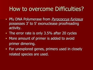 How to overcome Difficulties? Pfu DNA Polymerase from  Pyrococcus furiosus  possesses 3' to 5' exonuclease proofreading activity. The error rate is only 3.5% after 20 cycles  More amount of primer is added to avoid primer dimering. For unexplored genes, primers used in closely  related species are used. 