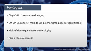 Vantagens
• Diagnóstico precoce de doenças;
• Em um único teste, mais de um polimorfismo pode ser identificado;
• Mais eficiente que o teste de sorologia;
• Fácil e rápida execução.
Disponível em: <www.scielo.br/pdf/rbhh/v31n4/aop5509.pdf>
 