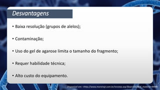 Desvantagens
• Baixa resolução (grupos de alelos);
• Contaminação;
• Uso do gel de agarose limita o tamanho do fragmento;
• Requer habilidade técnica;
• Alto custo do equipamento.
Disponível em: <http://www.moreirajr.com.br/revistas.asp?fase=r003&id_materia=4499>
 