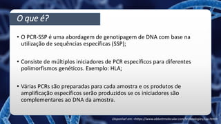 O que é?
• O PCR-SSP é uma abordagem de genotipagem de DNA com base na
utilização de sequências específicas (SSP);
• Consiste de múltiplos iniciadores de PCR específicos para diferentes
polimorfismos genéticos. Exemplo: HLA;
• Várias PCRs são preparadas para cada amostra e os produtos de
amplificação específicos serão produzidos se os iniciadores são
complementares ao DNA da amostra.
Disponível em: <https://www.abbottmolecular.com/technologies/ssp.html>
 
