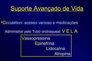 Suporte Avançado de Vida C irculation: acesso venoso e medicações Administrar pelo Tubo orotraqueal:  V E L A V assopressina  E pinefrina   L idocaína A tropina 