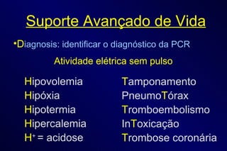 Suporte Avançado de Vida D iagnosis: identificar o diagnóstico da PCR Atividade elétrica sem pulso H ipovolemia H ipóxia H ipotermia H ipercalemia H +  = acidose T amponamento Pneumo T órax T romboembolismo In T oxicação T rombose coronária 