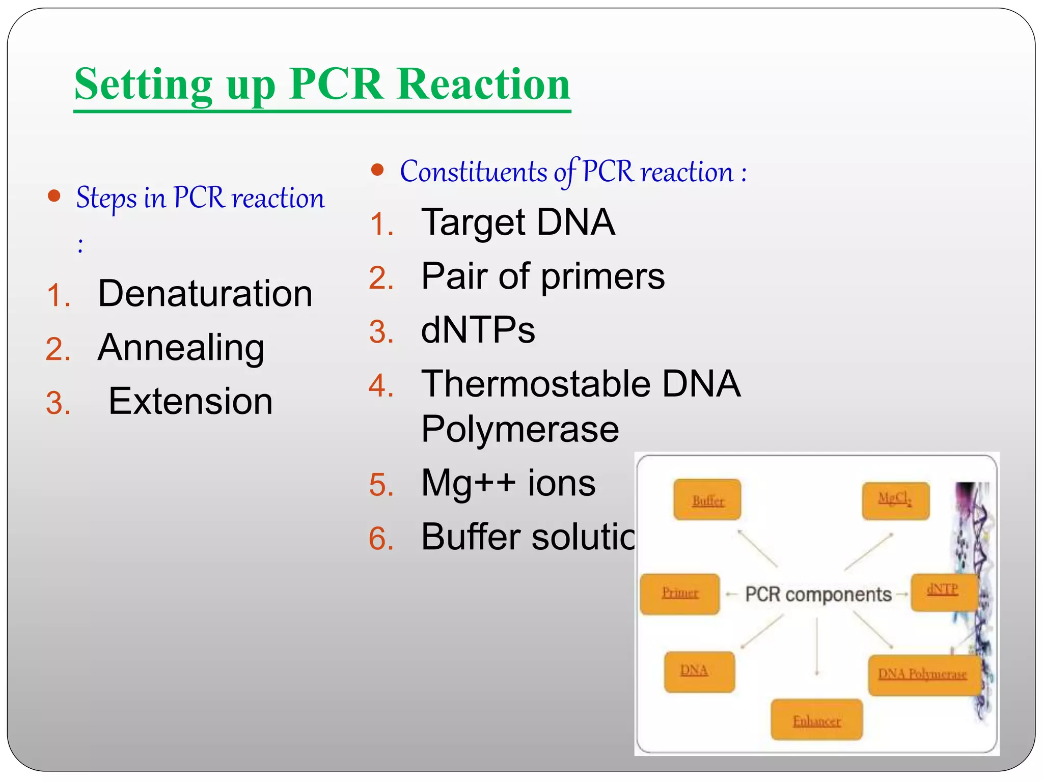 Setting up PCR Reaction
 Constituents of PCR reaction :
1. Target DNA
2. Pair of primers
3. dNTPs
4. Thermostable DNA
Polymerase
5. Mg++ ions
6. Buffer solution
 Steps in PCR reaction
:
1. Denaturation
2. Annealing
3. Extension
 
