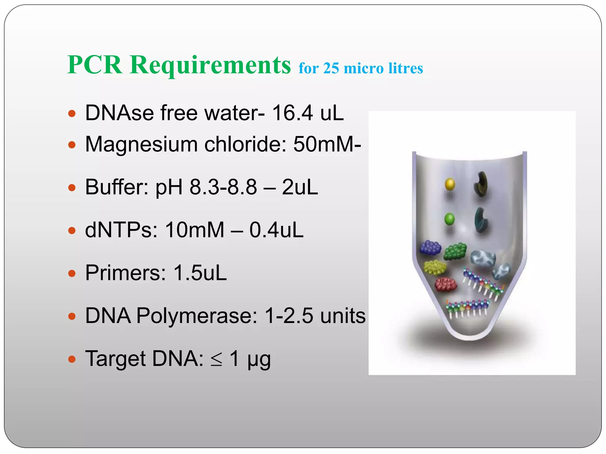 PCR Requirements for 25 micro litres
 DNAse free water- 16.4 uL
 Magnesium chloride: 50mM- 1ul
 Buffer: pH 8.3-8.8 – 2uL
 dNTPs: 10mM – 0.4uL
 Primers: 1.5uL
 DNA Polymerase: 1-2.5 units
 Target DNA:  1 µg
 