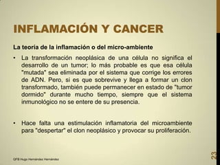 INFLAMACIÓN Y CANCER
La teoría de la inflamación o del micro-ambiente

• La transformación neoplásica de una célula no significa el
desarrollo de un tumor; lo más probable es que esa célula
"mutada" sea eliminada por el sistema que corrige los errores
de ADN. Pero, si es que sobrevive y llega a formar un clon
transformado, también puede permanecer en estado de "tumor
dormido" durante mucho tiempo, siempre que el sistema
inmunológico no se entere de su presencia.

QFB Hugo Hernández Hernández

23

• Hace falta una estimulación inflamatoria del microambiente
para "despertar" el clon neoplásico y provocar su proliferación.

 