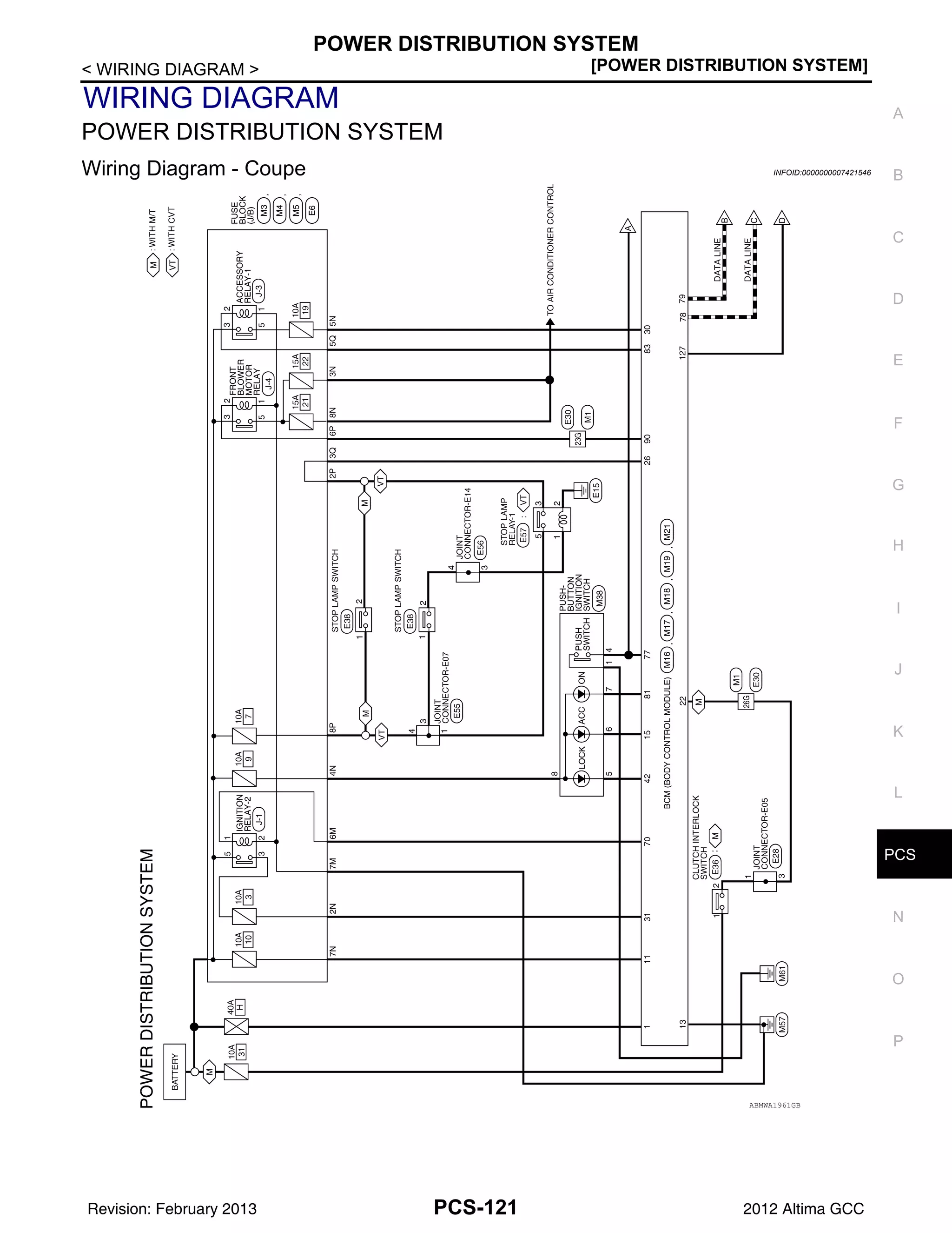 PCS
POWER DISTRIBUTION SYSTEM
PCS-121
< WIRING DIAGRAM > [POWER DISTRIBUTION SYSTEM]
C
D
E
F
G
H
I
J
K
L
B
A
O
P
N
WIRING DIAGRAM
POWER DISTRIBUTION SYSTEM
Wiring Diagram - Coupe INFOID:0000000007421546
ABMWA1961GB
Revision: February 2013 2012 Altima GCC
 