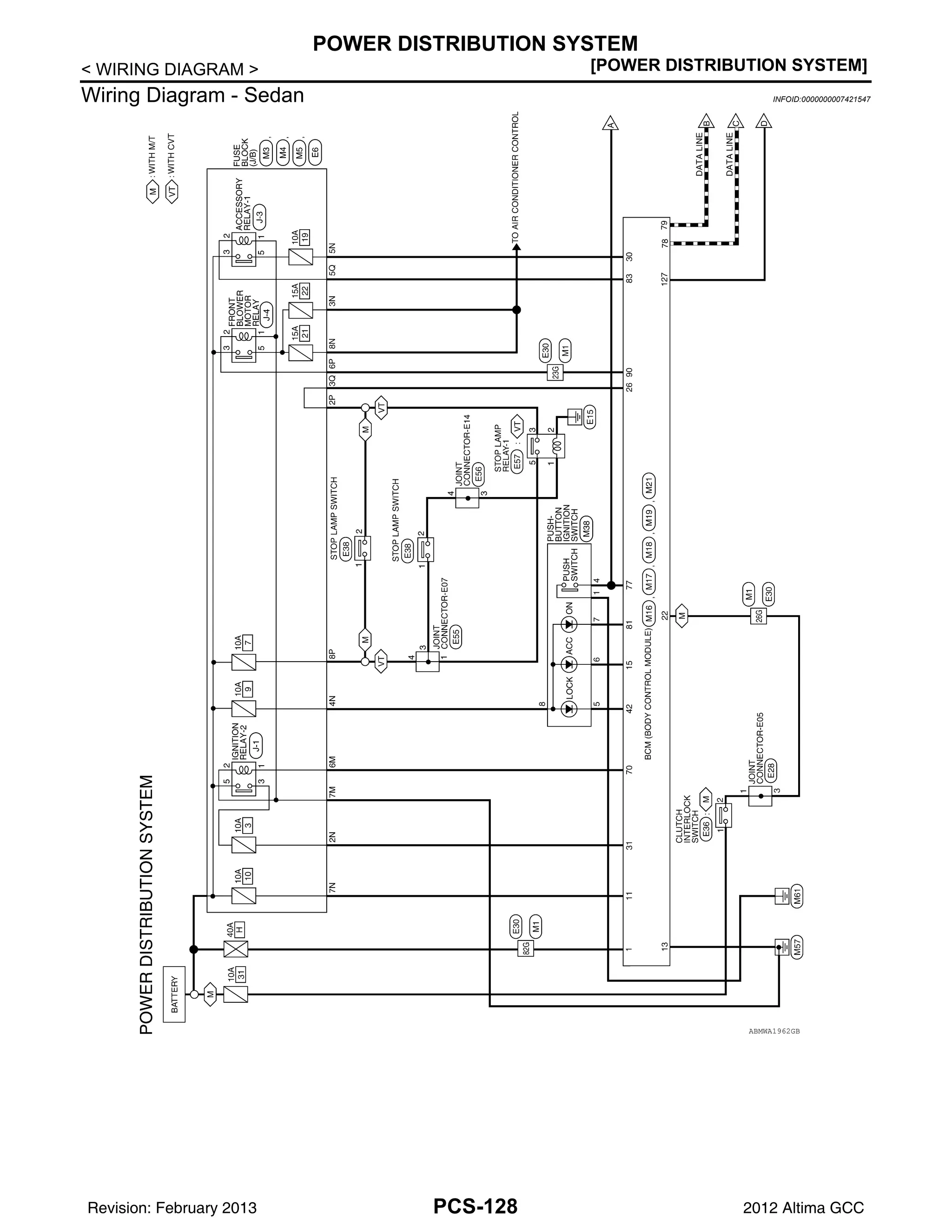 PCS-128
< WIRING DIAGRAM > [POWER DISTRIBUTION SYSTEM]
POWER DISTRIBUTION SYSTEM
Wiring Diagram - Sedan INFOID:0000000007421547
ABMWA1962GB
Revision: February 2013 2012 Altima GCC
 