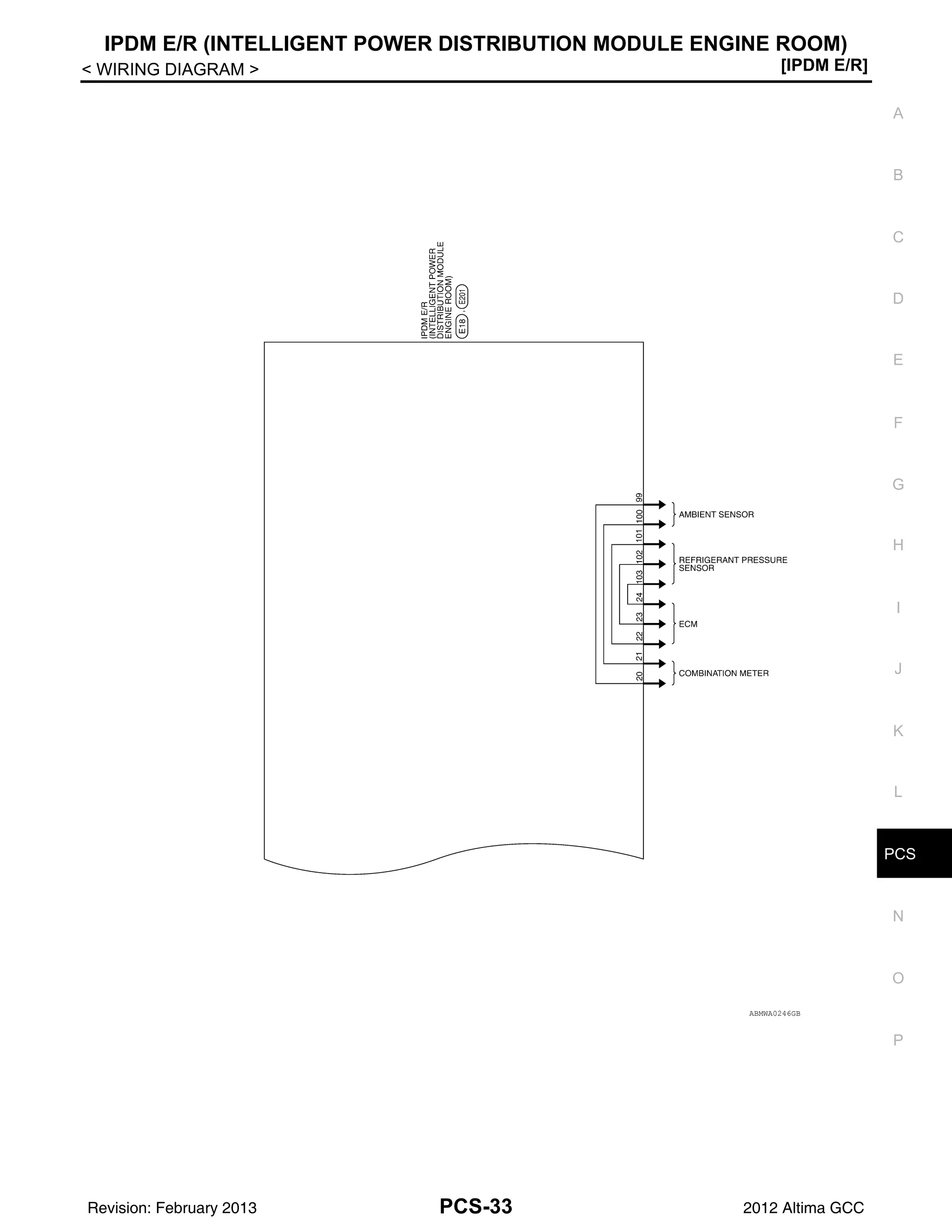 PCS
IPDM E/R (INTELLIGENT POWER DISTRIBUTION MODULE ENGINE ROOM)
PCS-33
< WIRING DIAGRAM > [IPDM E/R]
C
D
E
F
G
H
I
J
K
L
B
A
O
P
N
ABMWA0246GB
Revision: February 2013 2012 Altima GCC
 
