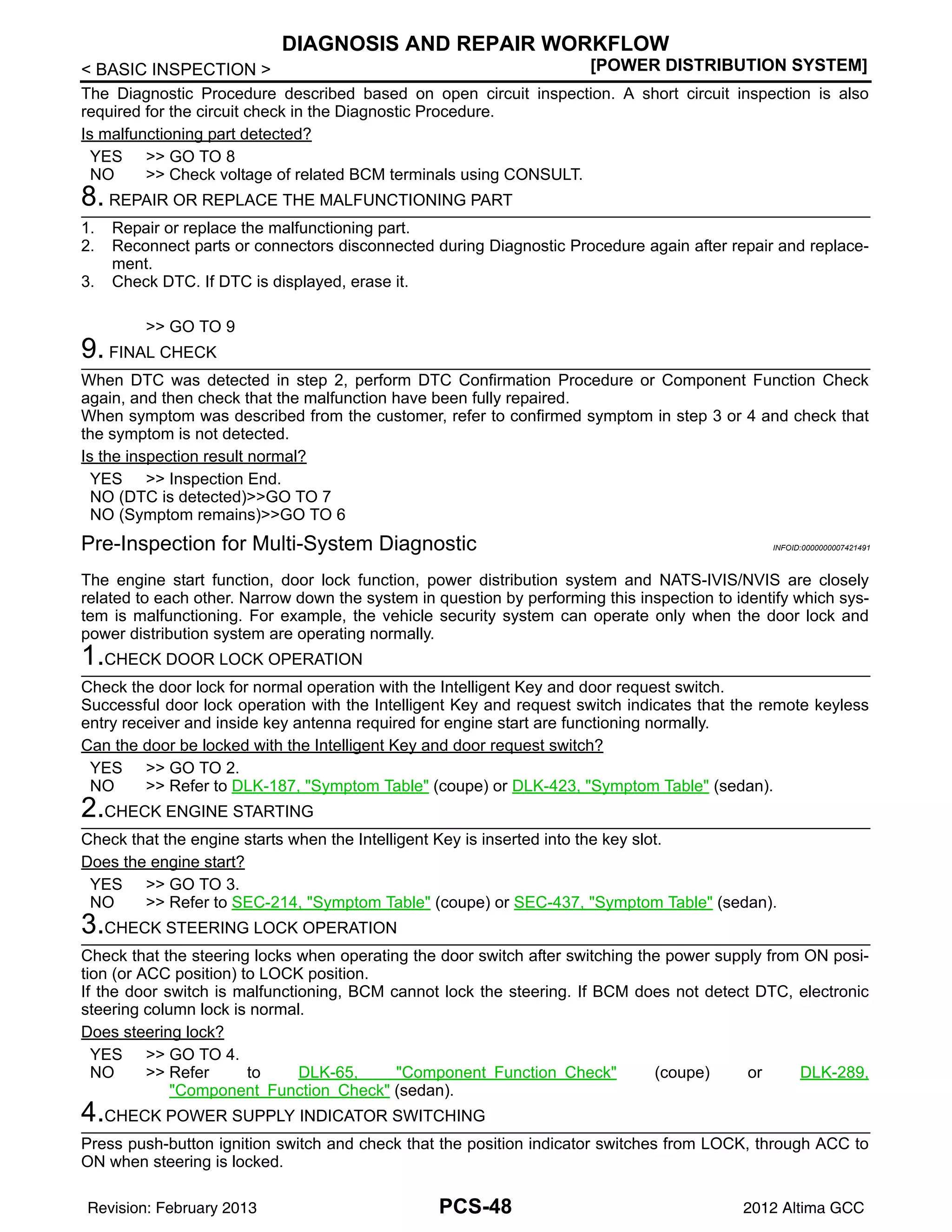 PCS-48
< BASIC INSPECTION > [POWER DISTRIBUTION SYSTEM]
DIAGNOSIS AND REPAIR WORKFLOW
The Diagnostic Procedure described based on open circuit inspection. A short circuit inspection is also
required for the circuit check in the Diagnostic Procedure.
Is malfunctioning part detected?
YES >> GO TO 8
NO >> Check voltage of related BCM terminals using CONSULT.
8. REPAIR OR REPLACE THE MALFUNCTIONING PART
1. Repair or replace the malfunctioning part.
2. Reconnect parts or connectors disconnected during Diagnostic Procedure again after repair and replace-
ment.
3. Check DTC. If DTC is displayed, erase it.
>> GO TO 9
9. FINAL CHECK
When DTC was detected in step 2, perform DTC Confirmation Procedure or Component Function Check
again, and then check that the malfunction have been fully repaired.
When symptom was described from the customer, refer to confirmed symptom in step 3 or 4 and check that
the symptom is not detected.
Is the inspection result normal?
YES >> Inspection End.
NO (DTC is detected)>>GO TO 7
NO (Symptom remains)>>GO TO 6
Pre-Inspection for Multi-System Diagnostic INFOID:0000000007421491
The engine start function, door lock function, power distribution system and NATS-IVIS/NVIS are closely
related to each other. Narrow down the system in question by performing this inspection to identify which sys-
tem is malfunctioning. For example, the vehicle security system can operate only when the door lock and
power distribution system are operating normally.
1.CHECK DOOR LOCK OPERATION
Check the door lock for normal operation with the Intelligent Key and door request switch.
Successful door lock operation with the Intelligent Key and request switch indicates that the remote keyless
entry receiver and inside key antenna required for engine start are functioning normally.
Can the door be locked with the Intelligent Key and door request switch?
YES >> GO TO 2.
NO >> Refer to DLK-187, "Symptom Table" (coupe) or DLK-423, "Symptom Table" (sedan).
2.CHECK ENGINE STARTING
Check that the engine starts when the Intelligent Key is inserted into the key slot.
Does the engine start?
YES >> GO TO 3.
NO >> Refer to SEC-214, "Symptom Table" (coupe) or SEC-437, "Symptom Table" (sedan).
3.CHECK STEERING LOCK OPERATION
Check that the steering locks when operating the door switch after switching the power supply from ON posi-
tion (or ACC position) to LOCK position.
If the door switch is malfunctioning, BCM cannot lock the steering. If BCM does not detect DTC, electronic
steering column lock is normal.
Does steering lock?
YES >> GO TO 4.
NO >> Refer to DLK-65, "Component Function Check" (coupe) or DLK-289,
"Component Function Check" (sedan).
4.CHECK POWER SUPPLY INDICATOR SWITCHING
Press push-button ignition switch and check that the position indicator switches from LOCK, through ACC to
ON when steering is locked.
Revision: February 2013 2012 Altima GCC
 