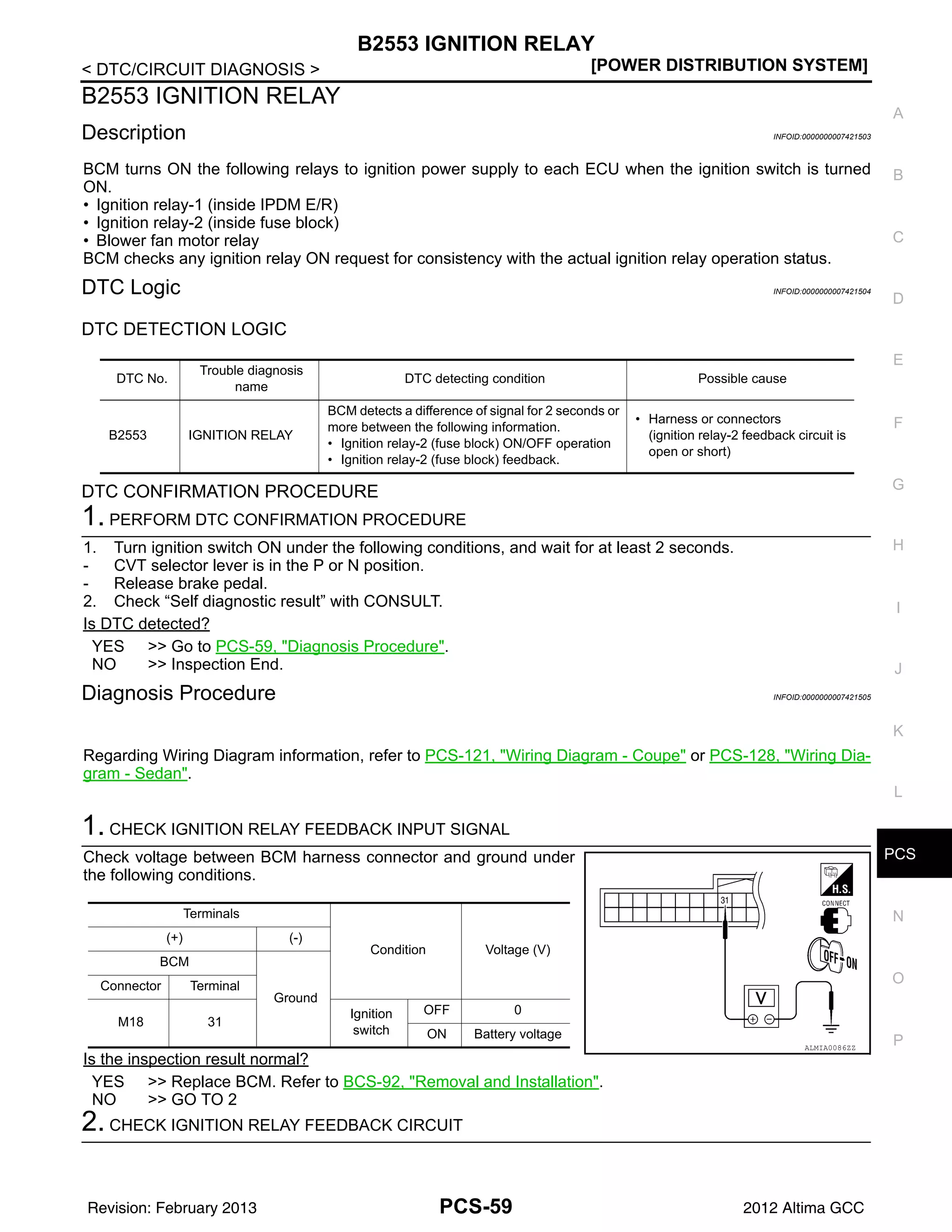 PCS
B2553 IGNITION RELAY
PCS-59
< DTC/CIRCUIT DIAGNOSIS > [POWER DISTRIBUTION SYSTEM]
C
D
E
F
G
H
I
J
K
L
B
A
O
P
N
B2553 IGNITION RELAY
Description INFOID:0000000007421503
BCM turns ON the following relays to ignition power supply to each ECU when the ignition switch is turned
ON.
• Ignition relay-1 (inside IPDM E/R)
• Ignition relay-2 (inside fuse block)
• Blower fan motor relay
BCM checks any ignition relay ON request for consistency with the actual ignition relay operation status.
DTC Logic INFOID:0000000007421504
DTC DETECTION LOGIC
DTC CONFIRMATION PROCEDURE
1. PERFORM DTC CONFIRMATION PROCEDURE
1. Turn ignition switch ON under the following conditions, and wait for at least 2 seconds.
- CVT selector lever is in the P or N position.
- Release brake pedal.
2. Check “Self diagnostic result” with CONSULT.
Is DTC detected?
YES >> Go to PCS-59, "Diagnosis Procedure".
NO >> Inspection End.
Diagnosis Procedure INFOID:0000000007421505
Regarding Wiring Diagram information, refer to PCS-121, "Wiring Diagram - Coupe" or PCS-128, "Wiring Dia-
gram - Sedan".
1. CHECK IGNITION RELAY FEEDBACK INPUT SIGNAL
Check voltage between BCM harness connector and ground under
the following conditions.
Is the inspection result normal?
YES >> Replace BCM. Refer to BCS-92, "Removal and Installation".
NO >> GO TO 2
2. CHECK IGNITION RELAY FEEDBACK CIRCUIT
DTC No.
Trouble diagnosis
name
DTC detecting condition Possible cause
B2553 IGNITION RELAY
BCM detects a difference of signal for 2 seconds or
more between the following information.
• Ignition relay-2 (fuse block) ON/OFF operation
• Ignition relay-2 (fuse block) feedback.
• Harness or connectors
(ignition relay-2 feedback circuit is
open or short)
Terminals
Condition Voltage (V)
(+) (-)
BCM
Ground
Connector Terminal
M18 31
Ignition
switch
OFF 0
ON Battery voltage
ALMIA0086ZZ
Revision: February 2013 2012 Altima GCC
 