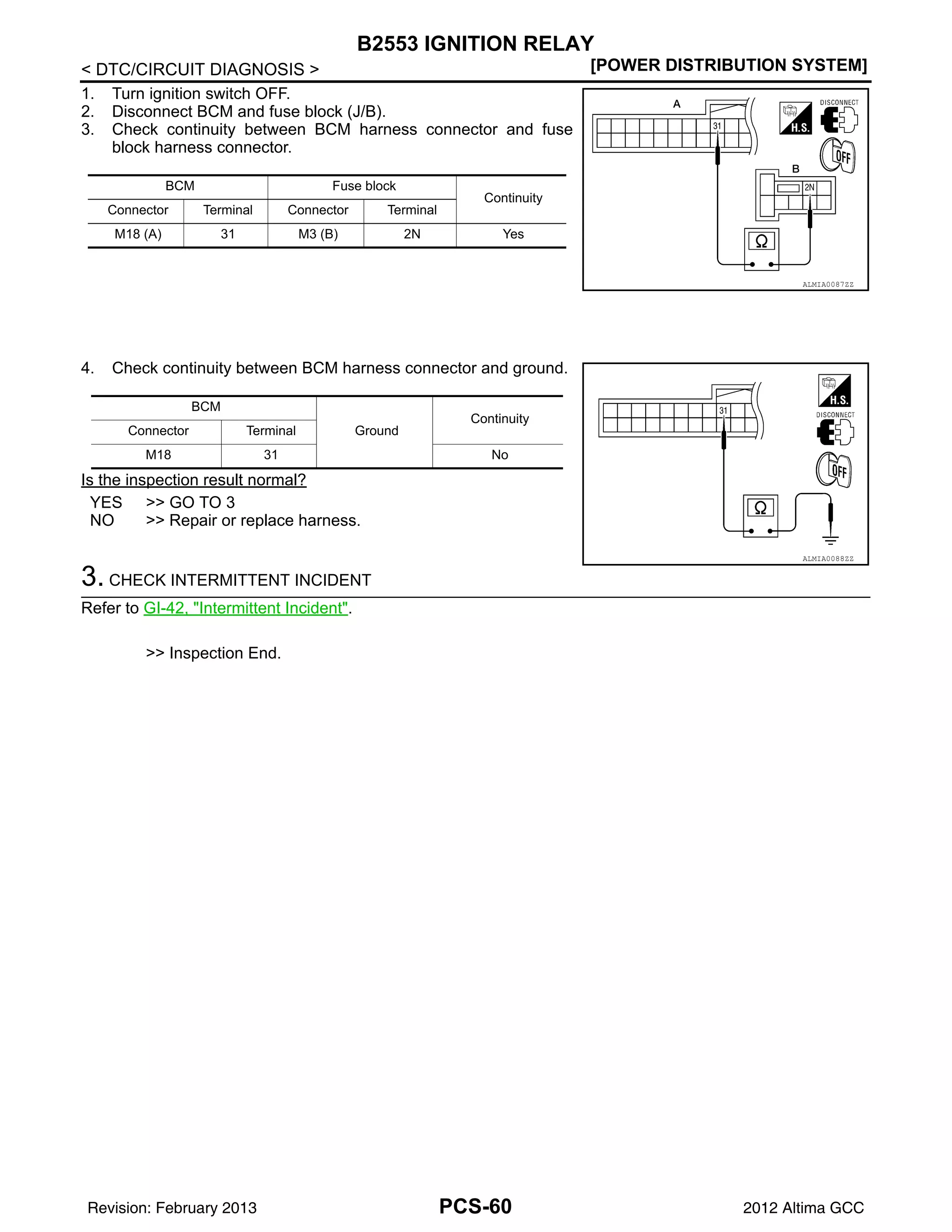 PCS-60
< DTC/CIRCUIT DIAGNOSIS > [POWER DISTRIBUTION SYSTEM]
B2553 IGNITION RELAY
1. Turn ignition switch OFF.
2. Disconnect BCM and fuse block (J/B).
3. Check continuity between BCM harness connector and fuse
block harness connector.
4. Check continuity between BCM harness connector and ground.
Is the inspection result normal?
YES >> GO TO 3
NO >> Repair or replace harness.
3. CHECK INTERMITTENT INCIDENT
Refer to GI-42, "Intermittent Incident".
>> Inspection End.
BCM Fuse block
Continuity
Connector Terminal Connector Terminal
M18 (A) 31 M3 (B) 2N Yes
ALMIA0087ZZ
BCM
Ground
Continuity
Connector Terminal
M18 31 No
ALMIA0088ZZ
Revision: February 2013 2012 Altima GCC
 