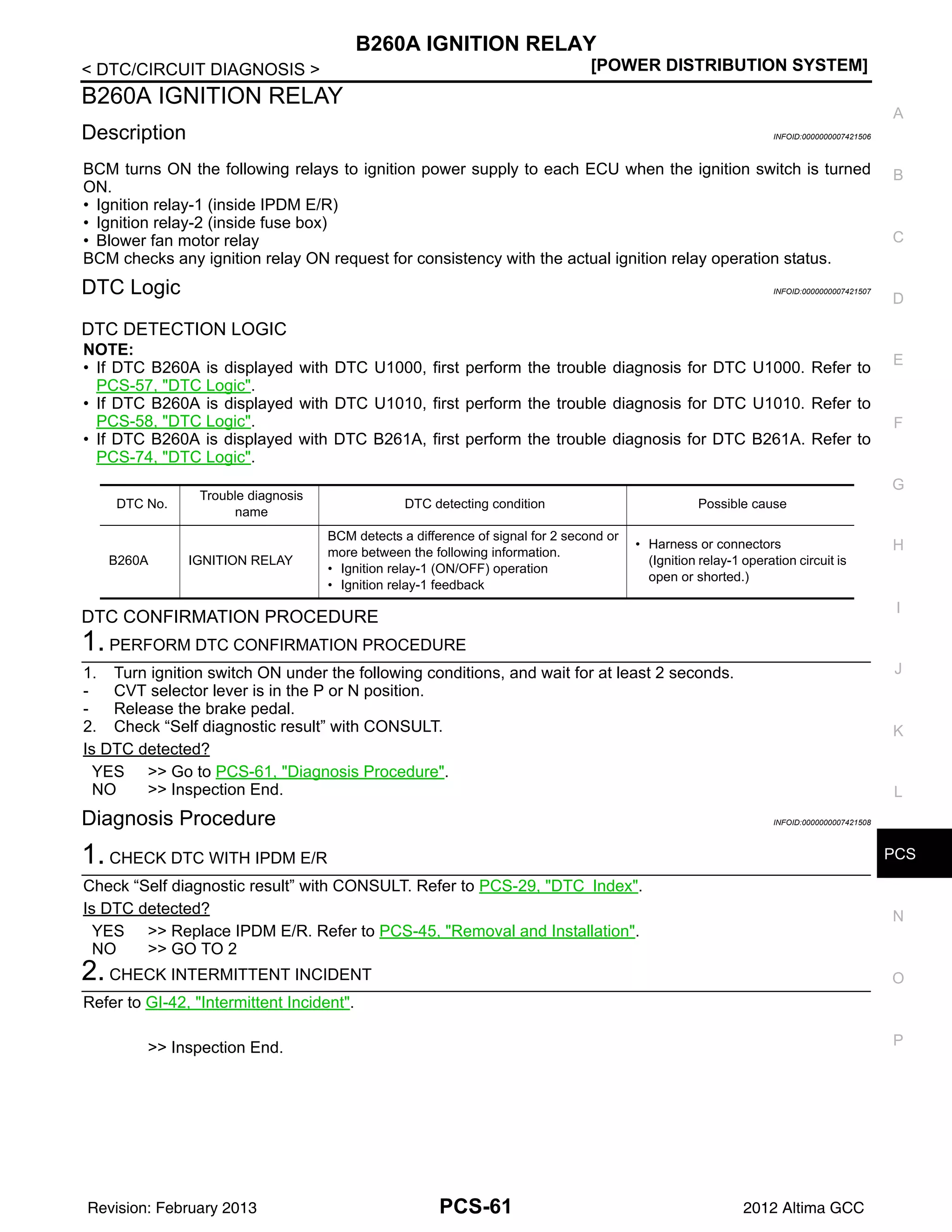 PCS
B260A IGNITION RELAY
PCS-61
< DTC/CIRCUIT DIAGNOSIS > [POWER DISTRIBUTION SYSTEM]
C
D
E
F
G
H
I
J
K
L
B
A
O
P
N
B260A IGNITION RELAY
Description INFOID:0000000007421506
BCM turns ON the following relays to ignition power supply to each ECU when the ignition switch is turned
ON.
• Ignition relay-1 (inside IPDM E/R)
• Ignition relay-2 (inside fuse box)
• Blower fan motor relay
BCM checks any ignition relay ON request for consistency with the actual ignition relay operation status.
DTC Logic INFOID:0000000007421507
DTC DETECTION LOGIC
NOTE:
• If DTC B260A is displayed with DTC U1000, first perform the trouble diagnosis for DTC U1000. Refer to
PCS-57, "DTC Logic".
• If DTC B260A is displayed with DTC U1010, first perform the trouble diagnosis for DTC U1010. Refer to
PCS-58, "DTC Logic".
• If DTC B260A is displayed with DTC B261A, first perform the trouble diagnosis for DTC B261A. Refer to
PCS-74, "DTC Logic".
DTC CONFIRMATION PROCEDURE
1. PERFORM DTC CONFIRMATION PROCEDURE
1. Turn ignition switch ON under the following conditions, and wait for at least 2 seconds.
- CVT selector lever is in the P or N position.
- Release the brake pedal.
2. Check “Self diagnostic result” with CONSULT.
Is DTC detected?
YES >> Go to PCS-61, "Diagnosis Procedure".
NO >> Inspection End.
Diagnosis Procedure INFOID:0000000007421508
1. CHECK DTC WITH IPDM E/R
Check “Self diagnostic result” with CONSULT. Refer to PCS-29, "DTC Index".
Is DTC detected?
YES >> Replace IPDM E/R. Refer to PCS-45, "Removal and Installation".
NO >> GO TO 2
2. CHECK INTERMITTENT INCIDENT
Refer to GI-42, "Intermittent Incident".
>> Inspection End.
DTC No.
Trouble diagnosis
name
DTC detecting condition Possible cause
B260A IGNITION RELAY
BCM detects a difference of signal for 2 second or
more between the following information.
• Ignition relay-1 (ON/OFF) operation
• Ignition relay-1 feedback
• Harness or connectors
(Ignition relay-1 operation circuit is
open or shorted.)
Revision: February 2013 2012 Altima GCC
 