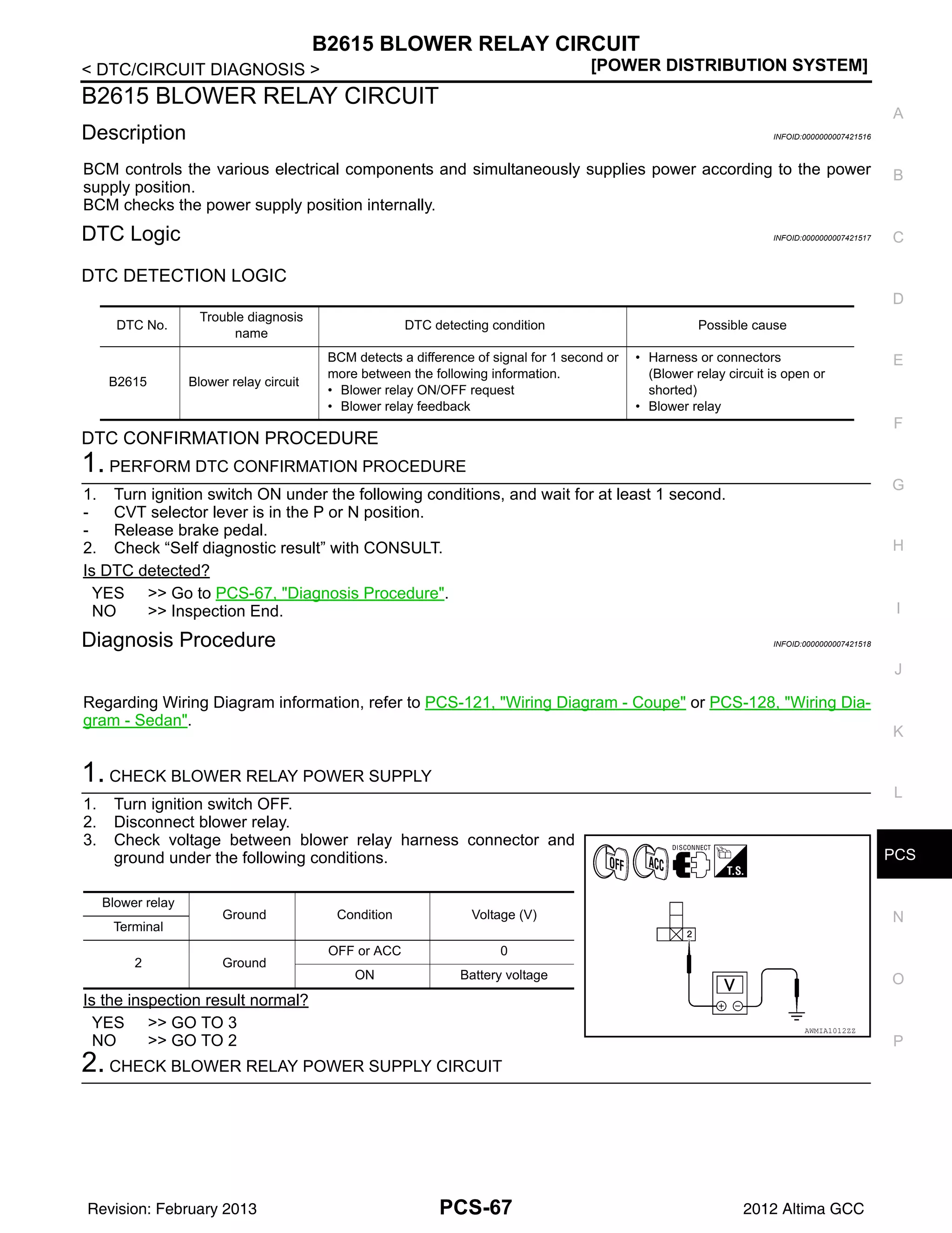 PCS
B2615 BLOWER RELAY CIRCUIT
PCS-67
< DTC/CIRCUIT DIAGNOSIS > [POWER DISTRIBUTION SYSTEM]
C
D
E
F
G
H
I
J
K
L
B
A
O
P
N
B2615 BLOWER RELAY CIRCUIT
Description INFOID:0000000007421516
BCM controls the various electrical components and simultaneously supplies power according to the power
supply position.
BCM checks the power supply position internally.
DTC Logic INFOID:0000000007421517
DTC DETECTION LOGIC
DTC CONFIRMATION PROCEDURE
1. PERFORM DTC CONFIRMATION PROCEDURE
1. Turn ignition switch ON under the following conditions, and wait for at least 1 second.
- CVT selector lever is in the P or N position.
- Release brake pedal.
2. Check “Self diagnostic result” with CONSULT.
Is DTC detected?
YES >> Go to PCS-67, "Diagnosis Procedure".
NO >> Inspection End.
Diagnosis Procedure INFOID:0000000007421518
Regarding Wiring Diagram information, refer to PCS-121, "Wiring Diagram - Coupe" or PCS-128, "Wiring Dia-
gram - Sedan".
1. CHECK BLOWER RELAY POWER SUPPLY
1. Turn ignition switch OFF.
2. Disconnect blower relay.
3. Check voltage between blower relay harness connector and
ground under the following conditions.
Is the inspection result normal?
YES >> GO TO 3
NO >> GO TO 2
2. CHECK BLOWER RELAY POWER SUPPLY CIRCUIT
DTC No.
Trouble diagnosis
name
DTC detecting condition Possible cause
B2615 Blower relay circuit
BCM detects a difference of signal for 1 second or
more between the following information.
• Blower relay ON/OFF request
• Blower relay feedback
• Harness or connectors
(Blower relay circuit is open or
shorted)
• Blower relay
Blower relay
Ground Condition Voltage (V)
Terminal
2 Ground
OFF or ACC 0
ON Battery voltage
AWMIA1012ZZ
Revision: February 2013 2012 Altima GCC
 