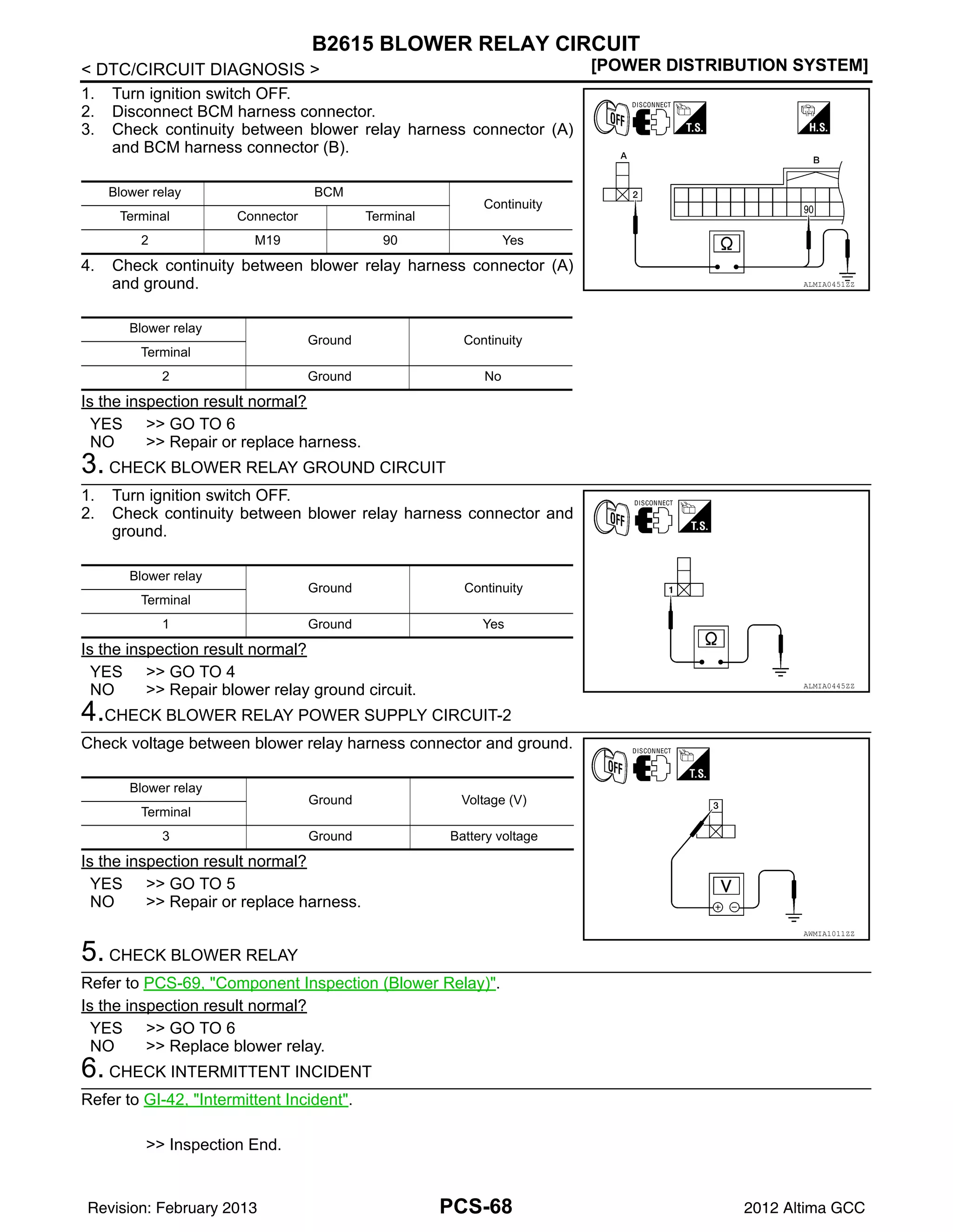 PCS-68
< DTC/CIRCUIT DIAGNOSIS > [POWER DISTRIBUTION SYSTEM]
B2615 BLOWER RELAY CIRCUIT
1. Turn ignition switch OFF.
2. Disconnect BCM harness connector.
3. Check continuity between blower relay harness connector (A)
and BCM harness connector (B).
4. Check continuity between blower relay harness connector (A)
and ground.
Is the inspection result normal?
YES >> GO TO 6
NO >> Repair or replace harness.
3. CHECK BLOWER RELAY GROUND CIRCUIT
1. Turn ignition switch OFF.
2. Check continuity between blower relay harness connector and
ground.
Is the inspection result normal?
YES >> GO TO 4
NO >> Repair blower relay ground circuit.
4.CHECK BLOWER RELAY POWER SUPPLY CIRCUIT-2
Check voltage between blower relay harness connector and ground.
Is the inspection result normal?
YES >> GO TO 5
NO >> Repair or replace harness.
5. CHECK BLOWER RELAY
Refer to PCS-69, "Component Inspection (Blower Relay)".
Is the inspection result normal?
YES >> GO TO 6
NO >> Replace blower relay.
6. CHECK INTERMITTENT INCIDENT
Refer to GI-42, "Intermittent Incident".
>> Inspection End.
Blower relay BCM
Continuity
Terminal Connector Terminal
2 M19 90 Yes
Blower relay
Ground Continuity
Terminal
2 Ground No
ALMIA0451ZZ
Blower relay
Ground Continuity
Terminal
1 Ground Yes
ALMIA0445ZZ
Blower relay
Ground Voltage (V)
Terminal
3 Ground Battery voltage
AWMIA1011ZZ
Revision: February 2013 2012 Altima GCC
 