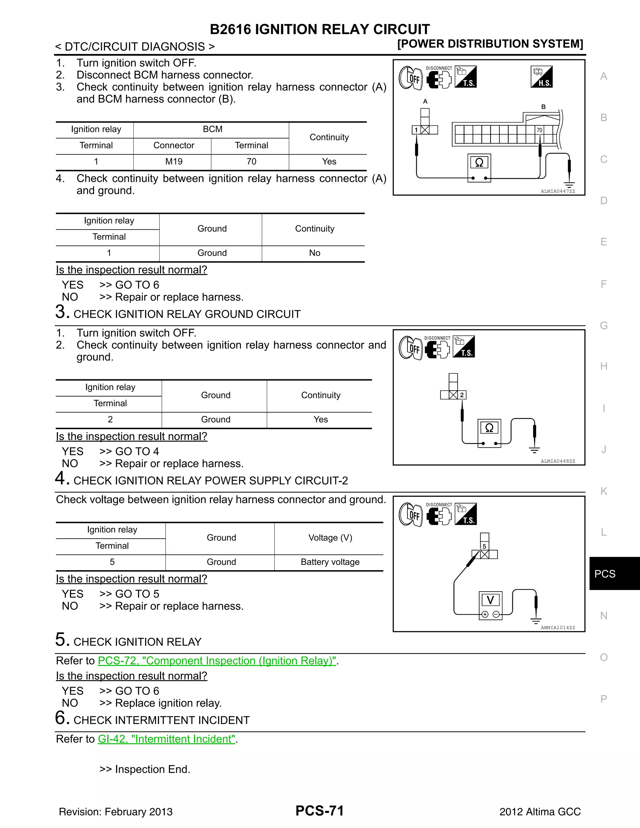 PCS
B2616 IGNITION RELAY CIRCUIT
PCS-71
< DTC/CIRCUIT DIAGNOSIS > [POWER DISTRIBUTION SYSTEM]
C
D
E
F
G
H
I
J
K
L
B
A
O
P
N
1. Turn ignition switch OFF.
2. Disconnect BCM harness connector.
3. Check continuity between ignition relay harness connector (A)
and BCM harness connector (B).
4. Check continuity between ignition relay harness connector (A)
and ground.
Is the inspection result normal?
YES >> GO TO 6
NO >> Repair or replace harness.
3. CHECK IGNITION RELAY GROUND CIRCUIT
1. Turn ignition switch OFF.
2. Check continuity between ignition relay harness connector and
ground.
Is the inspection result normal?
YES >> GO TO 4
NO >> Repair or replace harness.
4. CHECK IGNITION RELAY POWER SUPPLY CIRCUIT-2
Check voltage between ignition relay harness connector and ground.
Is the inspection result normal?
YES >> GO TO 5
NO >> Repair or replace harness.
5. CHECK IGNITION RELAY
Refer to PCS-72, "Component Inspection (Ignition Relay)".
Is the inspection result normal?
YES >> GO TO 6
NO >> Replace ignition relay.
6. CHECK INTERMITTENT INCIDENT
Refer to GI-42, "Intermittent Incident".
>> Inspection End.
Ignition relay BCM
Continuity
Terminal Connector Terminal
1 M19 70 Yes
Ignition relay
Ground Continuity
Terminal
1 Ground No
ALMIA0447ZZ
Ignition relay
Ground Continuity
Terminal
2 Ground Yes
ALMIA0448ZZ
Ignition relay
Ground Voltage (V)
Terminal
5 Ground Battery voltage
AWMIA1014ZZ
Revision: February 2013 2012 Altima GCC
 