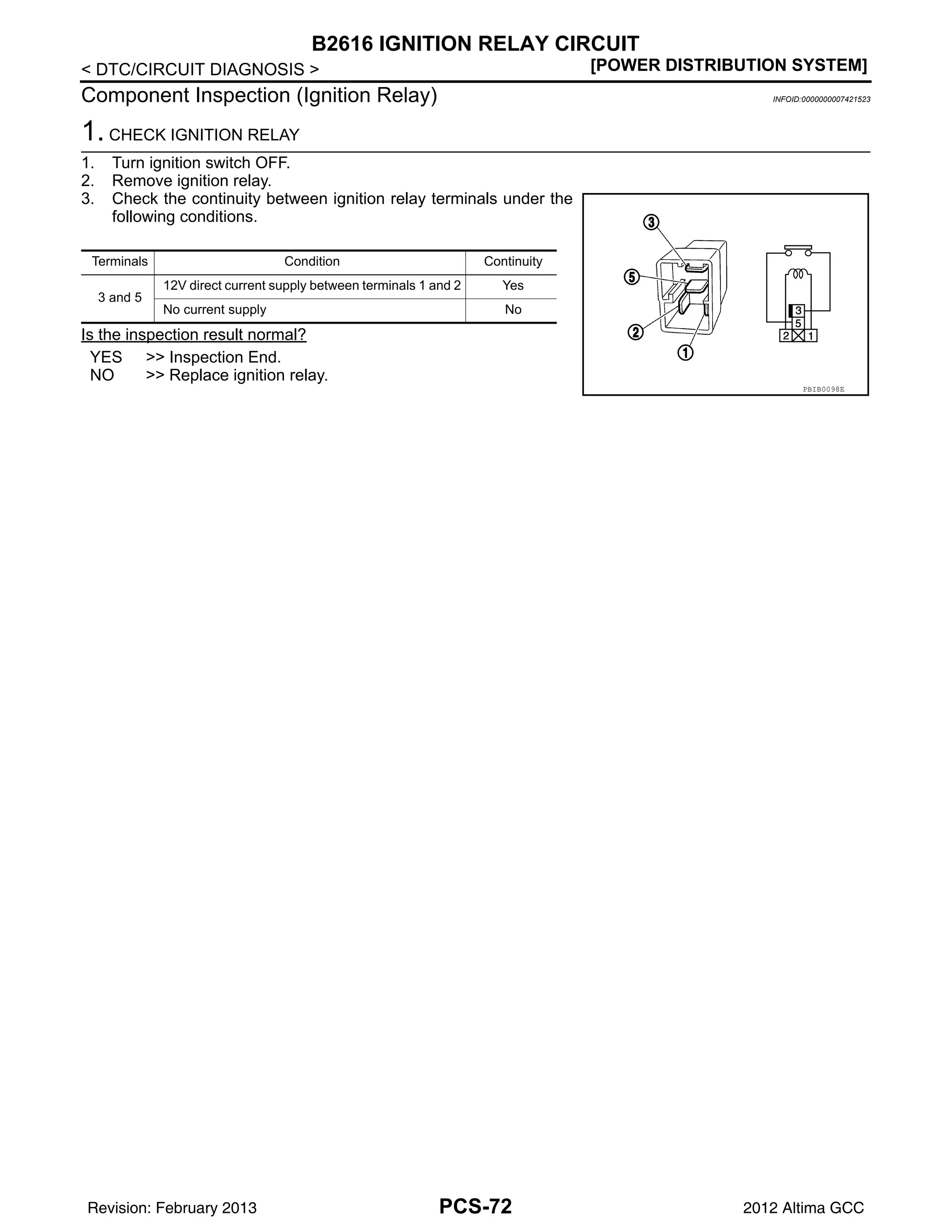 PCS-72
< DTC/CIRCUIT DIAGNOSIS > [POWER DISTRIBUTION SYSTEM]
B2616 IGNITION RELAY CIRCUIT
Component Inspection (Ignition Relay) INFOID:0000000007421523
1. CHECK IGNITION RELAY
1. Turn ignition switch OFF.
2. Remove ignition relay.
3. Check the continuity between ignition relay terminals under the
following conditions.
Is the inspection result normal?
YES >> Inspection End.
NO >> Replace ignition relay.
Terminals Condition Continuity
3 and 5
12V direct current supply between terminals 1 and 2 Yes
No current supply No
PBIB0098E
Revision: February 2013 2012 Altima GCC
 