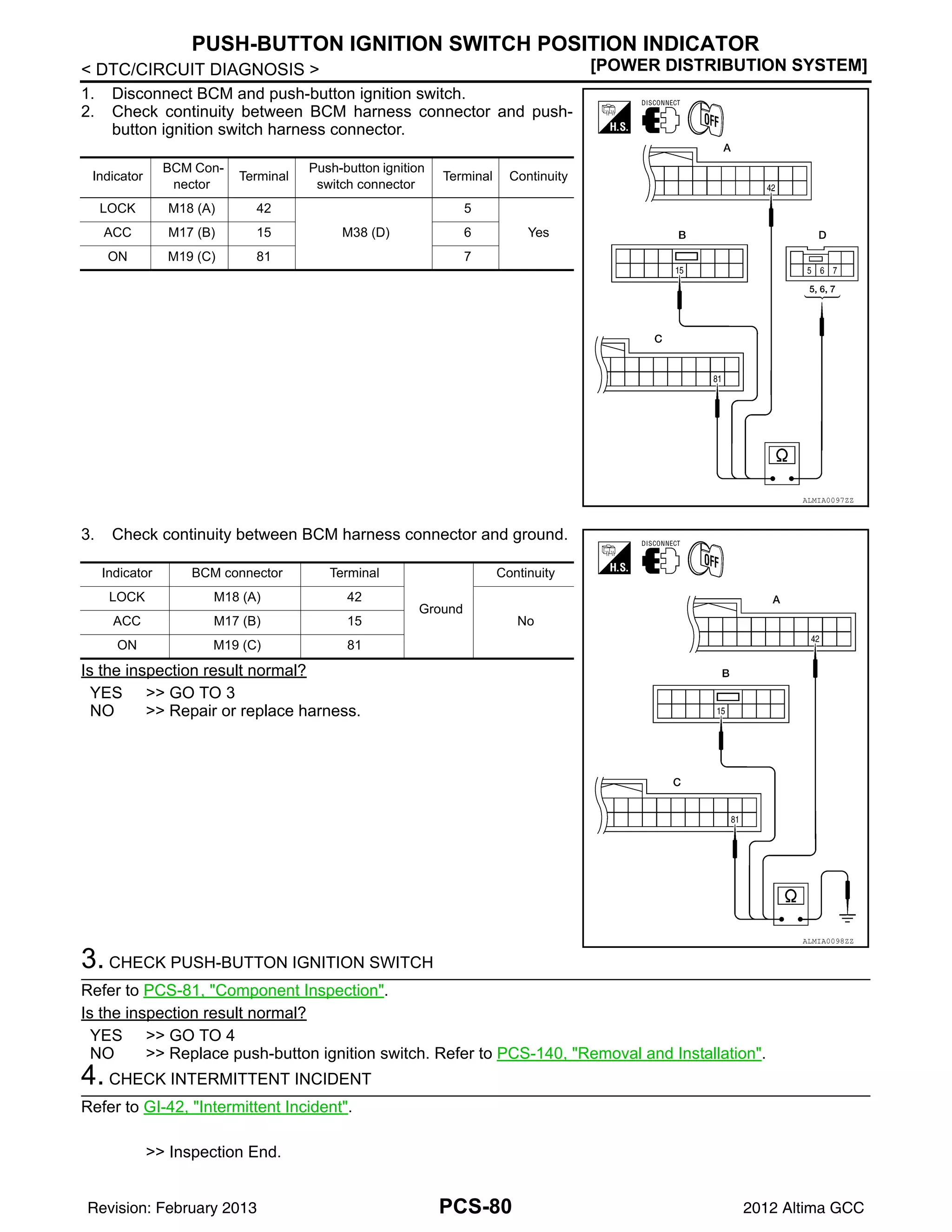 PCS-80
< DTC/CIRCUIT DIAGNOSIS > [POWER DISTRIBUTION SYSTEM]
PUSH-BUTTON IGNITION SWITCH POSITION INDICATOR
1. Disconnect BCM and push-button ignition switch.
2. Check continuity between BCM harness connector and push-
button ignition switch harness connector.
3. Check continuity between BCM harness connector and ground.
Is the inspection result normal?
YES >> GO TO 3
NO >> Repair or replace harness.
3. CHECK PUSH-BUTTON IGNITION SWITCH
Refer to PCS-81, "Component Inspection".
Is the inspection result normal?
YES >> GO TO 4
NO >> Replace push-button ignition switch. Refer to PCS-140, "Removal and Installation".
4. CHECK INTERMITTENT INCIDENT
Refer to GI-42, "Intermittent Incident".
>> Inspection End.
Indicator
BCM Con-
nector
Terminal
Push-button ignition
switch connector
Terminal Continuity
LOCK M18 (A) 42
M38 (D)
5
Yes
ACC M17 (B) 15 6
ON M19 (C) 81 7
ALMIA0097ZZ
Indicator BCM connector Terminal
Ground
Continuity
LOCK M18 (A) 42
No
ACC M17 (B) 15
ON M19 (C) 81
ALMIA0098ZZ
Revision: February 2013 2012 Altima GCC
 