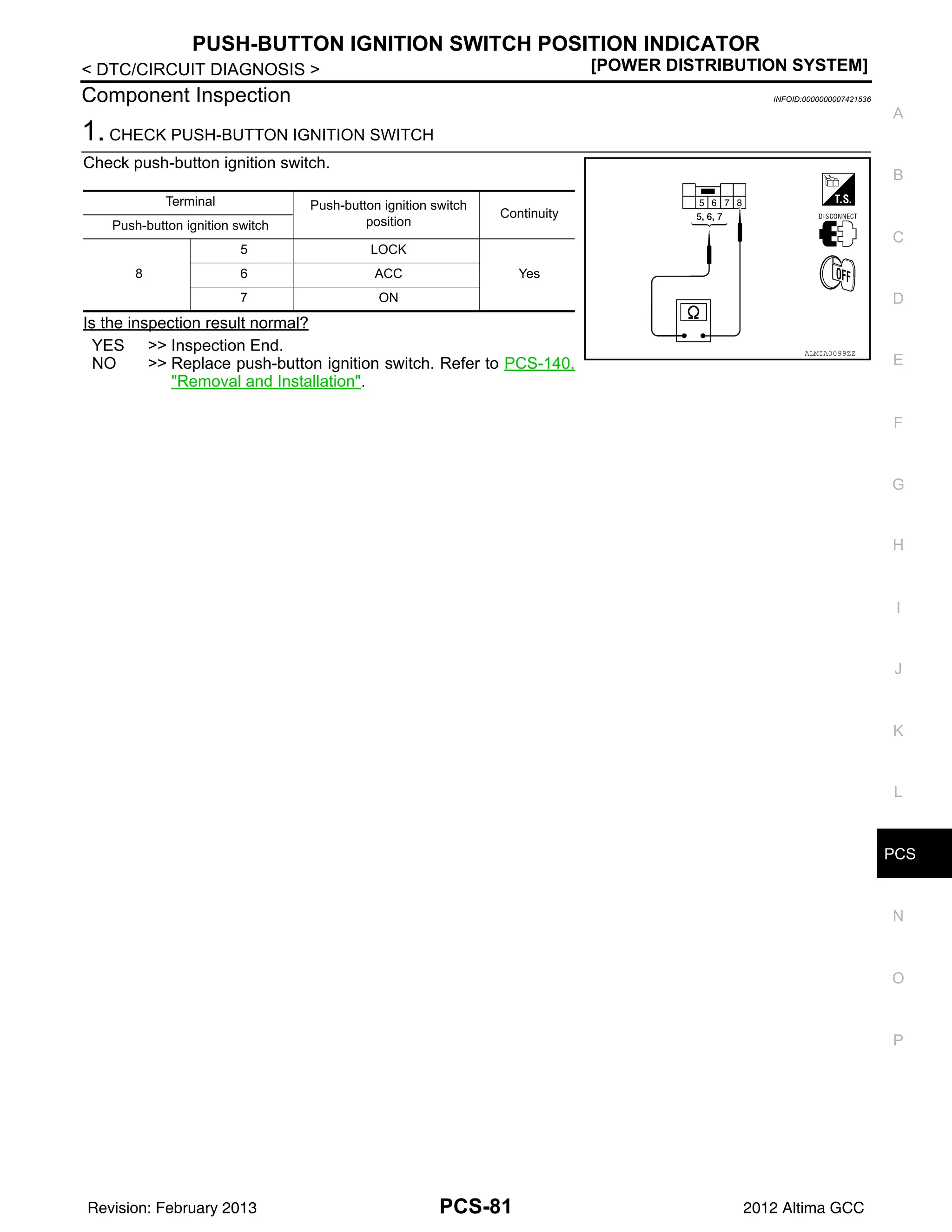 PCS
PUSH-BUTTON IGNITION SWITCH POSITION INDICATOR
PCS-81
< DTC/CIRCUIT DIAGNOSIS > [POWER DISTRIBUTION SYSTEM]
C
D
E
F
G
H
I
J
K
L
B
A
O
P
N
Component Inspection INFOID:0000000007421536
1. CHECK PUSH-BUTTON IGNITION SWITCH
Check push-button ignition switch.
Is the inspection result normal?
YES >> Inspection End.
NO >> Replace push-button ignition switch. Refer to PCS-140,
"Removal and Installation".
Terminal Push-button ignition switch
position
Continuity
Push-button ignition switch
8
5 LOCK
Yes
6 ACC
7 ON
ALMIA0099ZZ
Revision: February 2013 2012 Altima GCC
 
