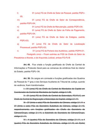 l)

01 (uma) FG de Chefe de Setor de Pessoal, padrão PGPJ05;

m)

01 (uma) FG de Chefe de Setor de Correspondência,
padrão PGPJ-04;

n)

01 (uma) FG de Chefe de Manutenção, padrão PGPJ-04;

o)

01 (uma) FG de Chefe do Setor de Folha de Pagamento,
padrão PGPJ-04;

p)

01 (uma) FG de Chefe de Setor de Estágios, padrão
PGPJ-03;

q)

01 (uma) FG de Chefe do Setor de Localização
Processual, padrão PGPJ-03;

r)

01 (uma) FG de Porteiro dos Auditórios, padrão PGPH-01;
Parágrafo único – Ficam extintas as FGS de Chefe do Setor de

Precatórios e Alvarás, e de Arquivista Judicial, ambas FG-PJ-B

Art. 49. Fica criada a função gratificada de Chefe da Central de
Informações e Protocolo Geral para as comarcas de entrância final do interior
do Estado, padrão FGPJ- 04.

Art. 50. Os cargos em comissão e funções gratificadas dos Quadros
de Pessoal do 1º grau e dos Serviços Auxiliares do Tribunal de Justiça, quando
da vacância, ficam transformados:
I - 01 (uma) FG de Chefe da Central de Mandados da Capital em
Coordenador da Central de Mandados da Capital, código 2.1.06;
II - 01 (uma) FG de Chefe da Central de Estenotipia, FG-PJ-C, em
Chefe da Central de Degravação e Estenotipia da Capital, código 2.1.11;
III - 37 (trinta e sete) FGs de Secretário de Câmara, código 2.1.11 e
37 (trinta e sete) FGs de Secretário Substituto de Câmara, código 2.1.10,
respectivamente, em funções gratificadas de Chefe de Secretaria de
Câmara/Grupo, código 2.1.14, e Subchefe de Secretaria de Câmara/Grupo,
código 2.1.11;
IV - 4 (quatro) FGs de Secretário de Câmara, código 2.1.11, e 4
(quatro) FGs de Secretário Substituto de Câmara, código 2.1.10, em 8(oito)

 