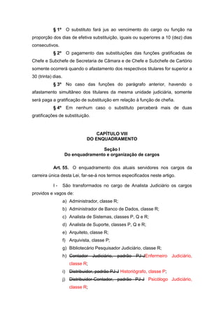 § 1º

O substituto fará jus ao vencimento do cargo ou função na

proporção dos dias de efetiva substituição, iguais ou superiores a 10 (dez) dias
consecutivos.
§ 2º

O pagamento das substituições das funções gratificadas de

Chefe e Subchefe de Secretaria de Câmara e de Chefe e Subchefe de Cartório
somente ocorrerá quando o afastamento dos respectivos titulares for superior a
30 (trinta) dias.
§ 3º

No caso das funções do parágrafo anterior, havendo o

afastamento simultâneo dos titulares da mesma unidade judiciária, somente
será paga a gratificação de substituição em relação à função de chefia.
§ 4º

Em nenhum caso o substituto perceberá mais de duas

gratificações de substituição.

CAPÍTULO VIII
DO ENQUADRAMENTO
Seção I
Do enquadramento e organização de cargos
Art. 55. O enquadramento dos atuais servidores nos cargos da
carreira única desta Lei, far-se-á nos termos especificados neste artigo.
I-

São transformados no cargo de Analista Judiciário os cargos

providos e vagos de:
a) Administrador, classe R;
b) Administrador de Banco de Dados, classe R;
c) Analista de Sistemas, classes P, Q e R;
d) Analista de Suporte, classes P, Q e R;
e) Arquiteto, classe R;
f) Arquivista, classe P;
g) Bibliotecário Pesquisador Judiciário, classe R;
h) Contador

Judiciário,

padrão

PJ-JEnfermeiro

Judiciário,

classe R;
i) Distribuidor, padrão PJ-J Historiógrafo, classe P;
j) Distribuidor-Contador, padrão PJ-J Psicólogo Judiciário,
classe R;

 