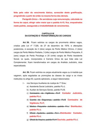 feito pelo valor do vencimento básico, acrescido desta gratificação,
progredindo a partir de então na mesma forma dos demais.
Parágrafo Único – Os servidores cuja remuneração, calculada na
forma do caput, atingir valor maior que o padrão A-15, fica, enquadrados
neste padrão, assegurada a irredutibilidade de vencimentos.

CAPÍTULO IX
DA EXTINÇÃO E TRANSFORMAÇÃO DE CARGOS

Art. 58. Ficam extintos os cargos de provimento efetivo vagos,
criados pela Lei nº 7.326, de 27 de dezembro de 1979, e alterações
posteriores, à exceção de 2 (dois) cargos de Perito Médico Clínico, 2 (dois)
cargos de Perito Médico Pediatra, 3 (três) cargos de Perito Médico Psiquiatra, 6
(seis) cargos de Perito Psicólogo e 20 (vinte) cargos de Perito Assistente
Social, os quais, incorporados à Carreira Única de que trata esta Lei
Complementar, ficam transformados em cargos de Analista Judiciário, área
especializada.

Art. 59. Ficam extintos os cargos atualmente vagos ou à medida que
vagarem, após esgotadas as promoções às classes do cargo e os níveis
instituídos no artigo 63, quando aplicáveis, a seguir relacionados:
I-

nos Serviços Auxiliares da Justiça de 1º Grau:
a) Assistente Social Judiciário, padrão PJ-J;
b) Auxiliar de Serviços Gerais, padrão PJ-B;
c) Comissário de Vigilância, PJ-F Contador Judiciário,
padrão PJ-J;
d) Guarda de Segurança, padrão PJ-B Comissário de
Vigilância, PJ-F;
e) Médico Psiquiatra Judiciário, padrão PJ-J Distribuidor,
padrão PJ-J;
f) Oficial Ajudante, padrão PJ-I Distribuidor Contador,
padrão PJ-J;
g) Oficial de Arquivo, padrão PJ-H Escrivão, padrão PJ-J;

 