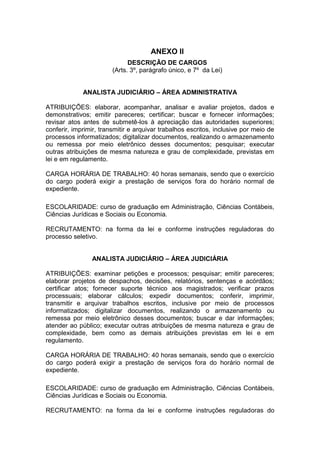 ANEXO II
DESCRIÇÃO DE CARGOS
(Arts. 3º, parágrafo único, e 7º da Lei)
ANALISTA JUDICIÁRIO – ÁREA ADMINISTRATIVA
ATRIBUIÇÕES: elaborar, acompanhar, analisar e avaliar projetos, dados e
demonstrativos; emitir pareceres; certificar; buscar e fornecer informações;
revisar atos antes de submetê-los à apreciação das autoridades superiores;
conferir, imprimir, transmitir e arquivar trabalhos escritos, inclusive por meio de
processos informatizados; digitalizar documentos, realizando o armazenamento
ou remessa por meio eletrônico desses documentos; pesquisar; executar
outras atribuições de mesma natureza e grau de complexidade, previstas em
lei e em regulamento.
CARGA HORÁRIA DE TRABALHO: 40 horas semanais, sendo que o exercício
do cargo poderá exigir a prestação de serviços fora do horário normal de
expediente.
ESCOLARIDADE: curso de graduação em Administração, Ciências Contábeis,
Ciências Jurídicas e Sociais ou Economia.
RECRUTAMENTO: na forma da lei e conforme instruções reguladoras do
processo seletivo.
ANALISTA JUDICIÁRIO – ÁREA JUDICIÁRIA
ATRIBUIÇÕES: examinar petições e processos; pesquisar; emitir pareceres;
elaborar projetos de despachos, decisões, relatórios, sentenças e acórdãos;
certificar atos; fornecer suporte técnico aos magistrados; verificar prazos
processuais; elaborar cálculos; expedir documentos; conferir, imprimir,
transmitir e arquivar trabalhos escritos, inclusive por meio de processos
informatizados; digitalizar documentos, realizando o armazenamento ou
remessa por meio eletrônico desses documentos; buscar e dar informações;
atender ao público; executar outras atribuições de mesma natureza e grau de
complexidade, bem como as demais atribuições previstas em lei e em
regulamento.
CARGA HORÁRIA DE TRABALHO: 40 horas semanais, sendo que o exercício
do cargo poderá exigir a prestação de serviços fora do horário normal de
expediente.
ESCOLARIDADE: curso de graduação em Administração, Ciências Contábeis,
Ciências Jurídicas e Sociais ou Economia.
RECRUTAMENTO: na forma da lei e conforme instruções reguladoras do

 