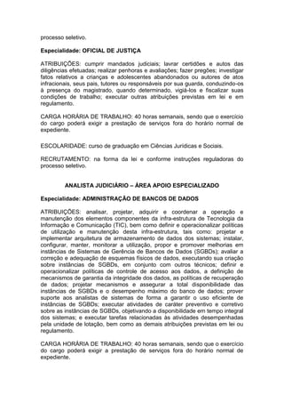 processo seletivo.
Especialidade: OFICIAL DE JUSTIÇA
ATRIBUIÇÕES: cumprir mandados judiciais; lavrar certidões e autos das
diligências efetuadas; realizar penhoras e avaliações; fazer pregões; investigar
fatos relativos a crianças e adolescentes abandonados ou autores de atos
infracionais, seus pais, tutores ou responsáveis por sua guarda, conduzindo-os
à presença do magistrado, quando determinado, vigiá-los e fiscalizar suas
condições de trabalho; executar outras atribuições previstas em lei e em
regulamento.
CARGA HORÁRIA DE TRABALHO: 40 horas semanais, sendo que o exercício
do cargo poderá exigir a prestação de serviços fora do horário normal de
expediente.
ESCOLARIDADE: curso de graduação em Ciências Jurídicas e Sociais.
RECRUTAMENTO: na forma da lei e conforme instruções reguladoras do
processo seletivo.
ANALISTA JUDICIÁRIO – ÁREA APOIO ESPECIALIZADO
Especialidade: ADMINISTRAÇÃO DE BANCOS DE DADOS
ATRIBUIÇÕES: analisar, projetar, adquirir e coordenar a operação e
manutenção dos elementos componentes da infra-estrutura de Tecnologia da
Informação e Comunicação (TIC), bem como definir e operacionalizar políticas
de utilização e manutenção desta infra-estrutura, tais como: projetar e
implementar arquitetura de armazenamento de dados dos sistemas; instalar,
configurar, manter, monitorar a utilização, propor e promover melhorias em
instâncias de Sistemas de Gerência de Bancos de Dados (SGBDs); avaliar a
correção e adequação de esquemas físicos de dados, executando sua criação
sobre instâncias de SGBDs, em conjunto com outros técnicos; definir e
operacionalizar políticas de controle de acesso aos dados, a definição de
mecanismos de garantia da integridade dos dados, as políticas de recuperação
de dados; projetar mecanismos e assegurar a total disponibilidade das
instâncias de SGBDs e o desempenho máximo do banco de dados; prover
suporte aos analistas de sistemas de forma a garantir o uso eficiente de
instâncias de SGBDs; executar atividades de caráter preventivo e corretivo
sobre as instâncias de SGBDs, objetivando a disponibilidade em tempo integral
dos sistemas; e executar tarefas relacionadas às atividades desempenhadas
pela unidade de lotação, bem como as demais atribuições previstas em lei ou
regulamento.
CARGA HORÁRIA DE TRABALHO: 40 horas semanais, sendo que o exercício
do cargo poderá exigir a prestação de serviços fora do horário normal de
expediente.

 