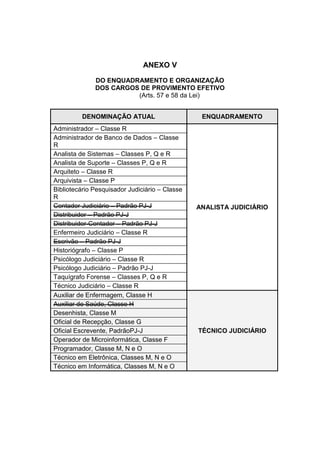 ANEXO V
DO ENQUADRAMENTO E ORGANIZAÇÃO
DOS CARGOS DE PROVIMENTO EFETIVO
(Arts. 57 e 58 da Lei)
DENOMINAÇÃO ATUAL
Administrador – Classe R
Administrador de Banco de Dados – Classe
R
Analista de Sistemas – Classes P, Q e R
Analista de Suporte – Classes P, Q e R
Arquiteto – Classe R
Arquivista – Classe P
Bibliotecário Pesquisador Judiciário – Classe
R
Contador Judiciário – Padrão PJ-J
Distribuidor – Padrão PJ-J
Distribuidor-Contador – Padrão PJ-J
Enfermeiro Judiciário – Classe R
Escrivão – Padrão PJ-J
Historiógrafo – Classe P
Psicólogo Judiciário – Classe R
Psicólogo Judiciário – Padrão PJ-J
Taquígrafo Forense – Classes P, Q e R
Técnico Judiciário – Classe R
Auxiliar de Enfermagem, Classe H
Auxiliar de Saúde, Classe H
Desenhista, Classe M
Oficial de Recepção, Classe G
Oficial Escrevente, PadrãoPJ-J
Operador de Microinformática, Classe F
Programador, Classe M, N e O
Técnico em Eletrônica, Classes M, N e O
Técnico em Informática, Classes M, N e O

ENQUADRAMENTO

ANALISTA JUDICIÁRIO

TÉCNICO JUDICIÁRIO

 