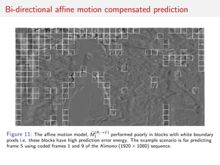 Bi-directional aﬃne motion compensated prediction
Figure 11: The aﬃne motion model, M
(Ri →C)
1 performed poorly in blocks with white boundary
pixels i.e. these blocks have high prediction error energy. The example scenario is for predicting
frame 5 using coded frames 1 and 9 of the Kimono (1920 × 1080) sequence.
 