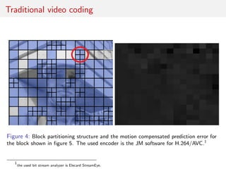 Traditional video coding
Figure 4: Block partitioning structure and the motion compensated prediction error for
the block shown in ﬁgure 5. The used encoder is the JM software for H.264/AVC.1
1
the used bit stream analyzer is Elecard StreamEye.
 