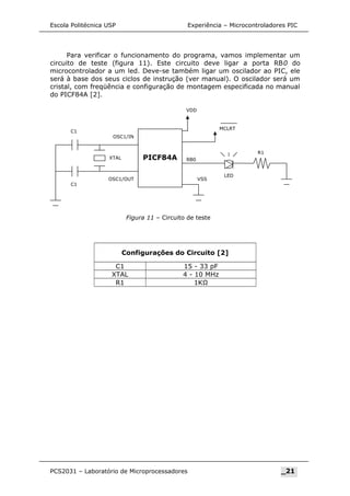 Escola Politécnica USP Experiência – Microcontroladores PIC
Para verificar o funcionamento do programa, vamos implementar um
circuito de teste (figura 11). Este circuito deve ligar a porta RB0 do
microcontrolador a um led. Deve-se também ligar um oscilador ao PIC, ele
será à base dos seus ciclos de instrução (ver manual). O oscilador será um
cristal, com freqüência e configuração de montagem especificada no manual
do PICF84A [2].
Configurações do Circuito [2]
C1 15 - 33 pF
XTAL 4 - 10 MHz
R1 1KΩ
PCS2031 – Laboratório de Microprocessadores _21
LED
OSC1/IN
XTAL PICF84A
VDD
VSS
MCLRT
OSC1/OUT
C1
C1
R1
RB0
Figura 11 – Circuito de teste
 