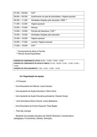 07.45h – 09.00h:      CAF *
09.00h – 09.30h:      Acolhimento na sala de actividades / Higiene pessoal
09.30h – 11.45h:      Atividades dirigidas pelo educador / BSE **
11.45h – 12.00h:      Higiene pessoal
12.00h – 13.00h:      Almoço
13.00h – 14.00h:      Período de Descanso / CAF *
14.00h – 15.45h:      Atividades dirigidas pelo educador
15.45h – 16.00h:      Higiene pessoal
16.00h – 17.00h:      Lanche / Higiene pessoal
17.00h – 19.00h:      CAF *

   * Componente de Apoio à Família
   ** Brincar Social Espontâneo


HORÁRIO DE COMPONENTE LETIVA: 09.00h – 12.00h / 14.00h – 16.00h
HORÁRIO DE COMPONENTE DE APOIO À FAMÍLIA: 07.45h – 09.00h / 12.00h – 14.00h / 16.00h –
19.00h
HORÁRIO DE PROLONGAMENTO: 7.30H – 8.00h / 19.00h – 19.30h




         4.4. Organização da equipa

 21Crianças;

 Uma Educadora de Infância: Luísa Campos

 Uma Ajudante de Acção Educativa: Fátima Dinis

 Uma Ajudante de Acção Educativa polivalente: Cláudia Granjo

 Uma Animadora Sócio Cultural: Liliana Baladares

 Uma Educadora do Ensino Especial: Filipa Bagão

 Pais das crianças

 Restante comunidade educativa do CSSJP (Directora, Coordenadora
pedagógica, Funcionárias, Utentes, Direcção)
 