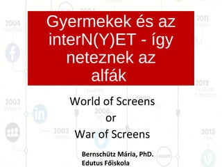 Gyermekek és az
interN(Y)ET - így
neteznek az
alfák
World of Screens
or
War of Screens
Bernschütz Mária, PhD.
Edutus Főiskola
 