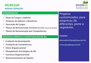 NOSSOS SERVIÇOS:
PEOPLEUP
 Plano de Cargos e Salários
 Pesquisa de Salários e Benefícios
 Descrição de Cargos
 Planos de Remuneração Variável (PLR/PPR/ Força de Vendas)
 Planos de Remuneração por Competências
REMUNERAÇÃO
DESENVOLVIMENTO E ESTRUTURAÇÃO DE RH
 Avaliação de Desempenho
 Avaliação de Competências
 Clima Organizacional
 Planejamento Estratégico de RH
 Estrutura Organizacional
 Dimensionamento de Quadro
Projetos
customizados para
empresas de
diferentes porte e
segmento.
Contato:
alexandre@peopleup.com.br
www.peopleup.com.br
 