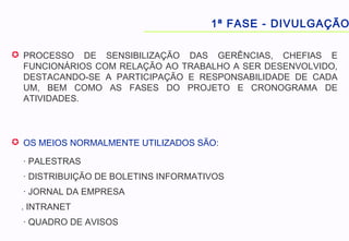  PROCESSO DE SENSIBILIZAÇÃO DAS GERÊNCIAS, CHEFIAS E
FUNCIONÁRIOS COM RELAÇÃO AO TRABALHO A SER DESENVOLVIDO,
DESTACANDO-SE A PARTICIPAÇÃO E RESPONSABILIDADE DE CADA
UM, BEM COMO AS FASES DO PROJETO E CRONOGRAMA DE
ATIVIDADES.
 OS MEIOS NORMALMENTE UTILIZADOS SÃO:
· PALESTRAS
· DISTRIBUIÇÃO DE BOLETINS INFORMATIVOS
· JORNAL DA EMPRESA
. INTRANET
· QUADRO DE AVISOS
1ª FASE - DIVULGAÇÃO
 
