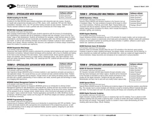 CURRICULUM/COURSE DESCRIPTIONS Version 2.4 March 1, 2014
6250 El Cajon Blvd. • San Diego, CA 92115 • free 866.752.8826 • phone 619.265.0107 • fax 619.265.8655 • www.platt.edu
TERM 5 - SPECIALIZED WEB DESIGN
WS300 Scripting for the Web
(5.00 semester credit hours/100 clock hours)
Scripting for the Web (WS300) gives students experience with interactive web site creation. Students
are taught web-programming concepts such as HTML, jQuery, AJAX, JavaScript, PHP and CSS. Media
presentation, framesets, forms, CGI, FTP and other hosting concepts are also covered. Students will use
industry standard software to create a portfolio web site to showcase all of their design work.
WC300 Web Campaign Implementation
(5.00 semester credit hours/100 clock hours)
Web Campaign Implementation (WC300) gives students experience with the process of conceptualizing
and implementing a corporate web site by developing a cohesive web site campaign. Focus is on the “pre-
design” stage of web development. Students will storyboard the campaign, create interface pieces for client
presentations, and flowchart web site functionality and navigation paths. User interface issues - both desktop
and mobile -as well as web marketing strategies are discussed. Emphasis is placed on team cooperation,
efficient use of design, effective marketing, web resources, and application of interface design fundamentals
toward the creation of a positive user experience.
WR300 Responsive Web Design
(5.00 semester credit hours/100 clock hours)
Responsive Web Design (WR300) students understand the principles behind delivering web-­based content and
interactivity to all devices. Relevant industry techniques will be practiced, with a focus on flexibility and looking
to the future as the landscape of the web evolves. Topics covered include; Device-­agnostic approaches to
design and workflow, User Experience on mobile devices, Responsive design, User-­Agent detection, Fluid
grids and mobile frameworks. Using HTML, CSS, JavaScript and PHP, students will plan and build a device-­
agnostic web project.
TERM 6 - SPECIALIZED ADVANCED WEB DESIGN
WUD400 User Experience Design
(5.00 semester credit hours/100 clock hours)
User Experience Design (WUD400) aims to immerse students in user experience principles and practices in
web application design. The course will focus on user-centered and task-centered interface flows. Problem-
solving and risk management will be stressed. Through hands-on user testing and design process, students
will leave with a greater understanding of how to balance user needs, business goals and technology to create
truly engaging web experiences.
WCM400 Content Management Systems for Designers
(5.00 semester credit hours/100 clock hours)
Content Management Systems for Designers (WCM400) serves as an introduction to utilizing Content
Management Systems for web development. Using WordPress, students will learn the concepts and structures
relevant to building client websites, communities, portfolios and blogs. By the end of the course, students
will be equipped to set up, manage content, design themes, utilize community-built plugins and write their
own plugins. Topics covered will include: Practical applications and benefits of a CMS, WordPress theme
architecture, WordPress plugin creation and the plugin API, WordPress widgets and sidebars, participating in
the WordPress community.
WIP400 Programming for Designers
(5.00 semester credit hours/100 clock hours)
Programming for Designers (WIP400) serves as an introduction to programming with PHP and MySQL. Topics
covered will provide students with a perspective and comprehension of the programming process, as well
as an understanding of how to design and implement flexible, dynamic systems. Designing for user-driven
applications will be a focus.
Software utilized:
Adobe Illustrator®
Adobe Photoshop®
TERM 5 - SPECIALIZED MULTIMEDIA / ANIMATION
AM300 Dynamics / Effects
(5.00 semester credit hours/100 clock hours)
Dynamic Effects (AM300) will introduce students to the Dynamic tool-set
in Autodesk’s Maya. The main emphasis of projects will be based on effect
use of fluid containers, nParticles, and nCloth. Rigid / Passive Bodies and
Constraints will also be explored. Students will be concentrating on creating
realistic looking particle simulations for effects, which includes techniques in
animation, lighting, and rendering.
AO300 Organic Modeling
(5.00 semester credit hours/100 clock hours)
Organic Modeling (AO300) emphasizes the use of 3D animation for organic models, such as humans and
creatures. Focus is placed on anatomically correct body parts and proportions. Models created with subdivision
surfaces are animated to perform lip-synching and facial animation. In addition, software is used to grow
realistic hair, eyebrows and eyelashes.
AG300 Electronic Game 3D Animation
(5.00 semester credit hours/100 clock hours)
Electronic Game 3D Animation (AG300) offers the use of 3D animation in the electronic game industry.
Emphasis is placed on proper modeling techniques, low polygon models, environments, and UV texturing. In-
game characters are created with seamless and deformable skin. Joints are created and rigged properly for
inverse kinematics. Design documents and conceptual art are created prior to actual production.
Software utilized:
Adobe After Effects®
Adobe Illustrator®
Adobe Photoshop®
Autodesk Maya®
Autodesk MotionBuilder®
Pixologic ZBrush®
TERM 6 - SPECIALIZED ADVANCED 3D GRAPHICS
AE400 3D Character Animation
(5.00 semester credit hours/100 clock hours)
3D Character Animation (AE400) takes students through animation using
both key frame techniques and motion capture. Students will be introduced
to the Principles of Animation as well as other industry techniques to help
breathe life into digital characters. Students will also gain exposure to
MotionBuilder and learn how to work with and modify motion capture data.
AX400 Special Effects
(5.00 semester credit hours/100 clock hours)
Special Effects (AX400) focuses on the lighting and rendering stages of the production pipeline using Mental
Ray. This includes how to control shadows and reflections as well as rendering different materials like glass
and metal. The final project will cover 3D camera tracking with Boujou and composting with After Effects.
AH400 Digital Character Sculpting
(5.00 semester credit hours/100 clock hours)
Digital Character Sculpting (AH400) focuses on mastering high-end 3D modeling. Focus is placed on both
software modeling tools and artistic sculpturing talent. A variety of models with proper modeling techniques,
tips and tricks are covered. Final projects consist of a student’s choice model demonstrating all of the
modeling skills learned (Maya, ZBrush, Mudbox).
Software utilized:
2d3 Boujou
Adobe After Effects®
Adobe Illustrator®
Adobe Photoshop®
Autodesk Maya®
Autodesk MotionBuilder®
Autodesk Mudbox®
Pixologic ZBrush®
Software utilized:
Adobe Illustrator®
Adobe Photoshop®
 