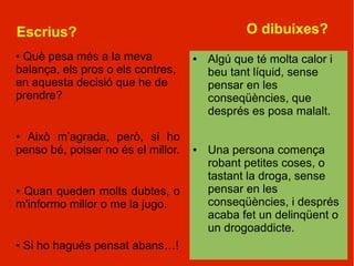 Escrius?                                       O dibuixes?
●Què pesa més a la meva             ●   Algú que té molta calor i
balança, els pros o els contres,        beu tant líquid, sense
en aquesta decisió que he de            pensar en les
prendre?                                conseqüències, que
                                        després es posa malalt.

● Això m’agrada, però, si ho
penso bé, potser no és el millor.   ●   Una persona comença
                                        robant petites coses, o
                                        tastant la droga, sense
●Quan queden molts dubtes, o            pensar en les
m'informo millor o me la jugo.          conseqüències, i després
                                        acaba fet un delinqüent o
                                        un drogoaddicte.
●   Si ho hagués pensat abans…!
 