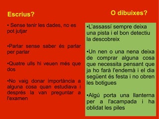 Escrius?                                  O dibuixes?
●Sense tenir les dades, no es   ●L’assassí sempre deixa
pot jutjar                      una pista i el bon detectiu
                                la descobreix
●Parlar sense saber és parlar
per parlar                      ●Un nen o una nena deixa
                                de comprar alguna cosa
●Quatre ulls hi veuen més que   que necessita pensant que
dos                             ja ho farà l'endemà i el dia
                                següent és festa i no obren
● No vaig donar importància a   les botigues
alguna cosa quan estudiava i
després la van preguntar a      ●Algú porta una llanterna
l'examen
                                per a l'acampada i ha
                                oblidat les piles
 