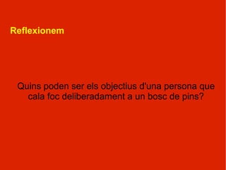 Reflexionem




 Quins poden ser els objectius d'una persona que
   cala foc deliberadament a un bosc de pins?
 