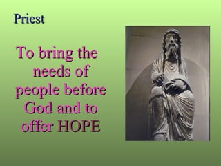 Priest To bring the needs of people before God and to offer  HOPE 
